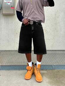 男士黑色刺绣字母先锋街头休闲七分长牛仔短裤 - 黑色 - 查看 2