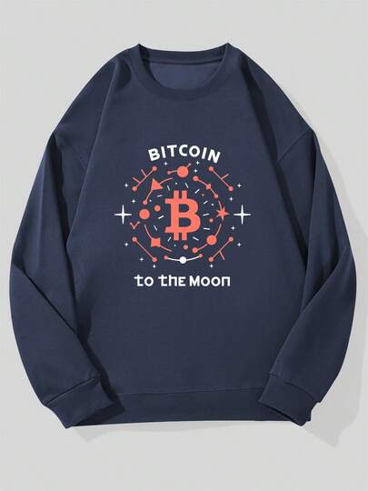 Sudadera casual de cuello redondo con patrón BITCOIN a la Luna para hombres