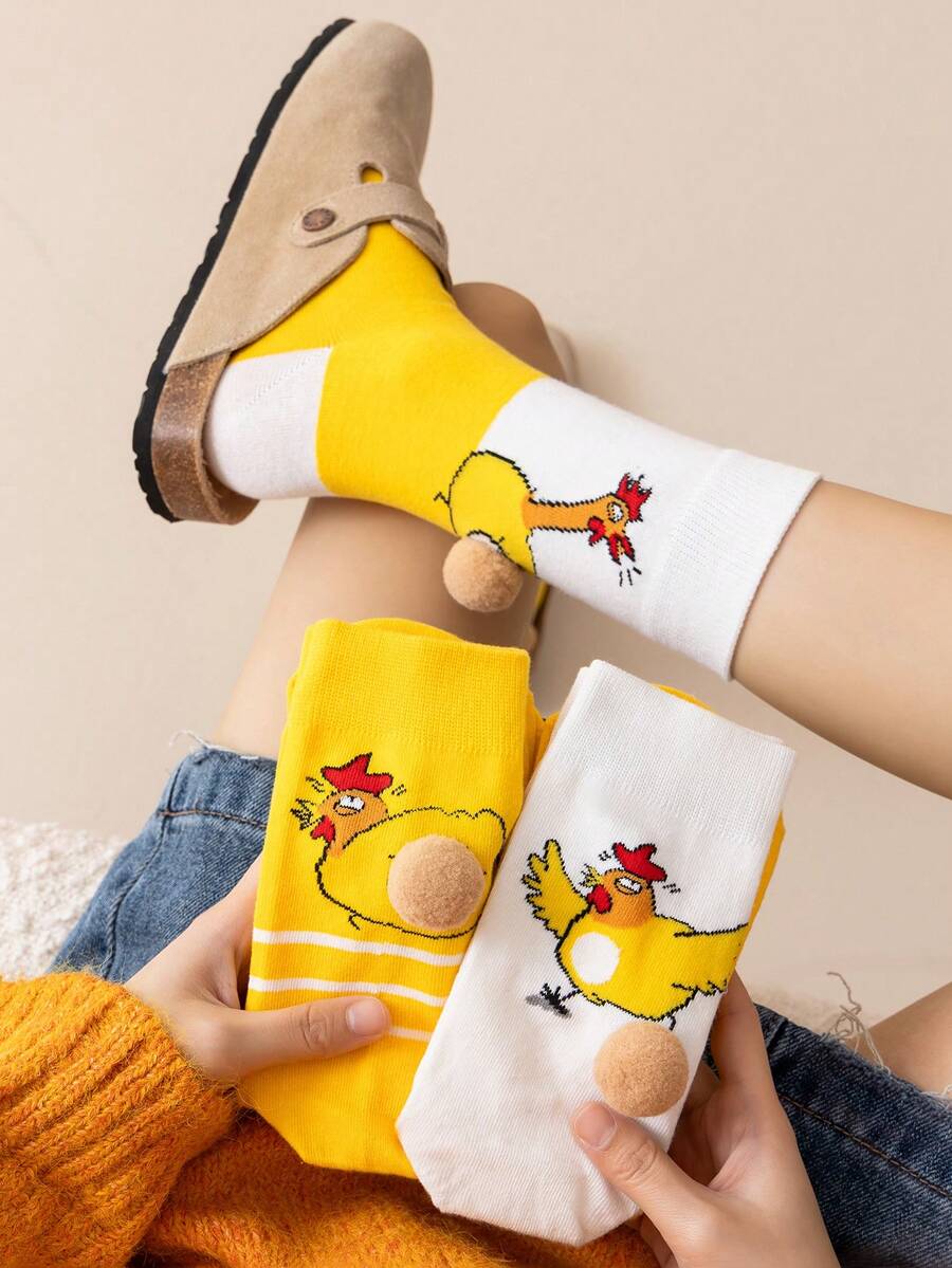 1 Pair Women's Funny Socks With Egg & Chicken Cartoon Animal Pattern, Novelty 3D Quirky Socks, Unisex, Great Gift For Holidays And Daily Wear - Multicolor - View 1