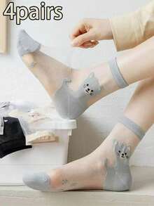 4-Pairs Women's Short Socks - Cute Cartoon Cat Illustrations, Ultra-Thin & Breathable, Mixed Colors (White/Beige/Gray/Black) For Everyday Casual & Outdoor Wear, Cute Socks, Playful Attire, Playful Design, Versatile Sock Styles, Durable Sock Fabric, Breathable Material - Multicolor - View 12