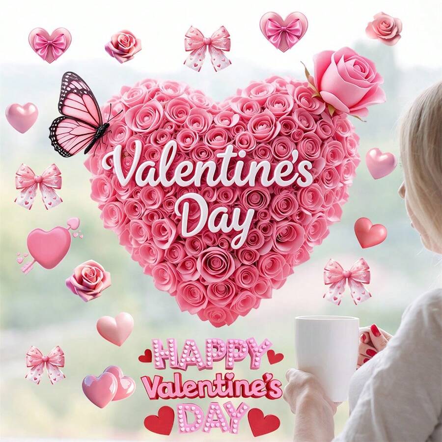 Floral Heart Window Clings Creative Removable Valentines Day Glass Decals Decor For Office Home Party - Pink - View 1