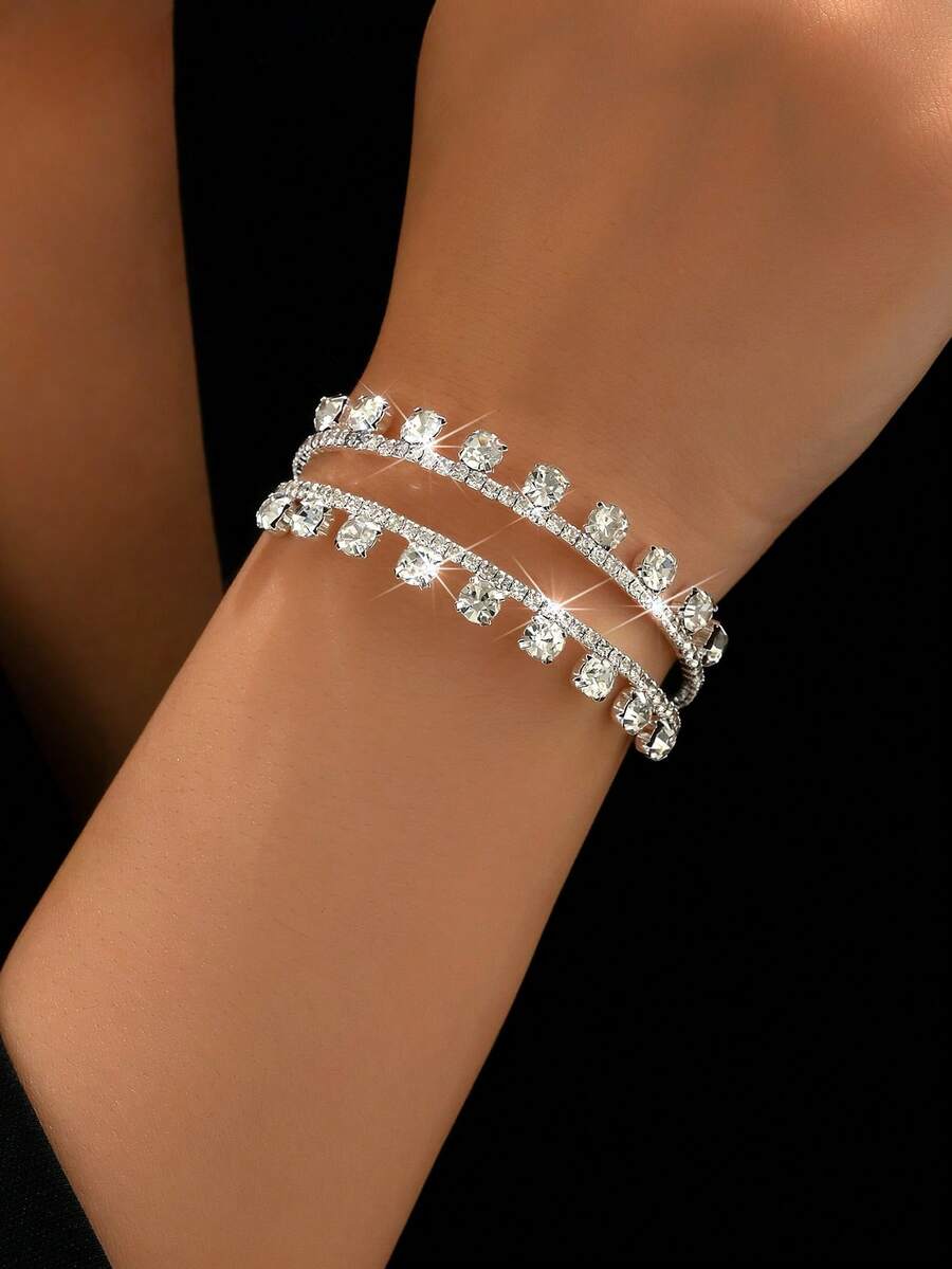 1pc Women's Luxury Elegant Double Row Rhinestone Bangle, Suitable For Daily Wear - Silver - View 1