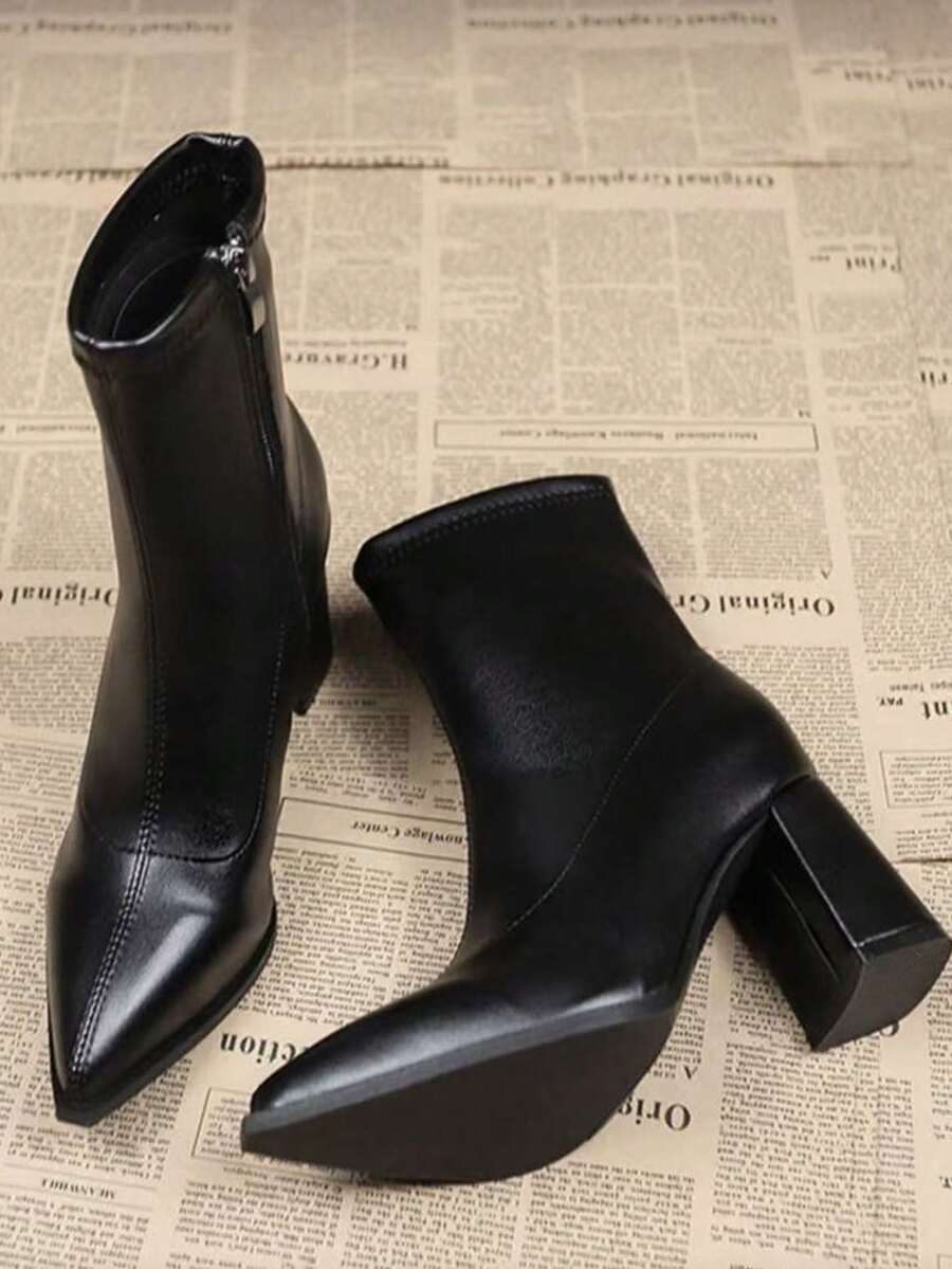 2026秋冬新款法式尖头粗跟侧拉链修身踝靴，女士百搭时尚短靴 - 黑色 - 查看 1