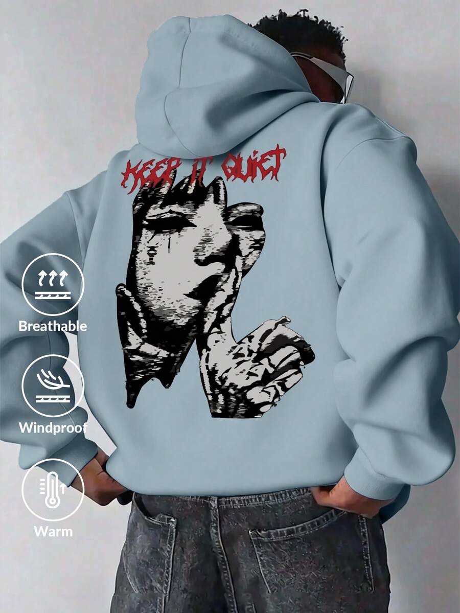 Men's Cool Graphic Print Loose Fit Thermal Lined Hoodie Sweatshirt, Street Fashion - Dusty Blue - View 1