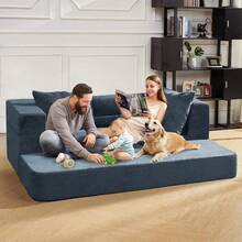 Sofá Cama Plegable Doble 3 En 1, Sillón Con Almohada Azul Grisáceo Rayado - Azul Marino - Ver 6