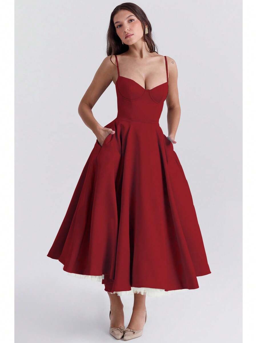 Vestidos Elegantes De Mujer,Women's Elegant Double-Layered Dress With A Full Skirt - 紅色 - 查看 1