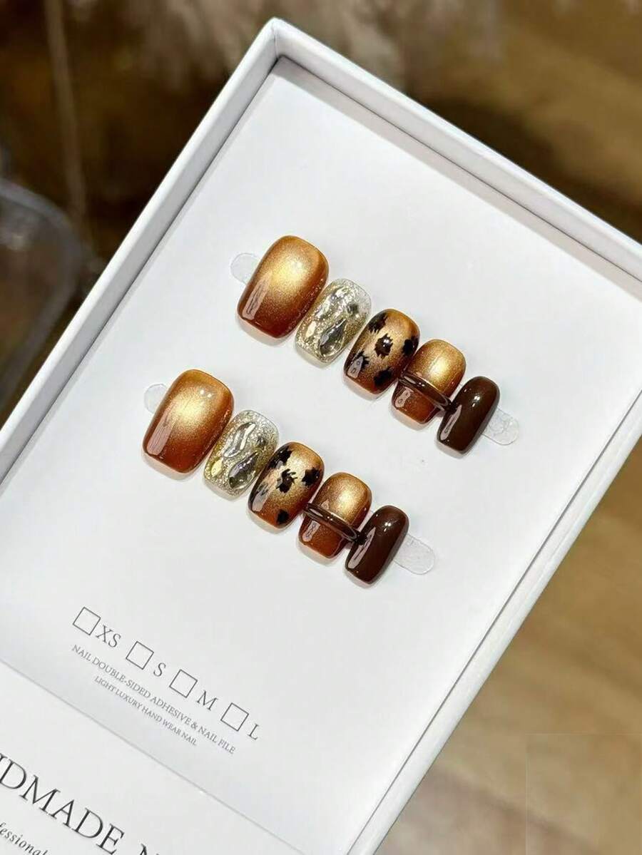 Autumn/Winter Leopard Print Nail Art, Short Cute 3D Design - Mocha Brown - View 1