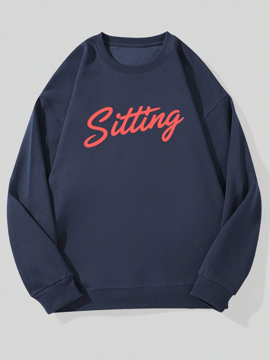 Casual Crew Neck Sweatshirt With Sitting Men Pattern - Navy Blue - View 1
