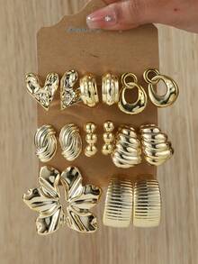 2/4/6/16pcs Fashionable & Elegant Beaded Earrings Set - Heart, Flower, Hoop, Spiral, Stripe Designs, Suitable For Women Daily, Date, Party, Travel, Formal Occasions, Gifts For Friends, Family, Girlfriend, Boyfriend, Valentine's Day. Note: The Earrings Are Made Of Plastic, Please Purchase Carefully If You Have Specific Material Requirements. - Gold - View 6