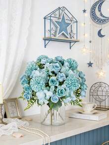 1/3pcs Silk-Like Tea Rose & Chrysanthemum Bouquet, Artificial Flowers For Bridal Bouquet, Wedding Decor, DIY Wreath, Home Decor, Restaurant, Bedroom, Vase Decor, Birthday Party, New Year, Valentine''s Day, Graduation Gift, All Seasons - Blue - View 2