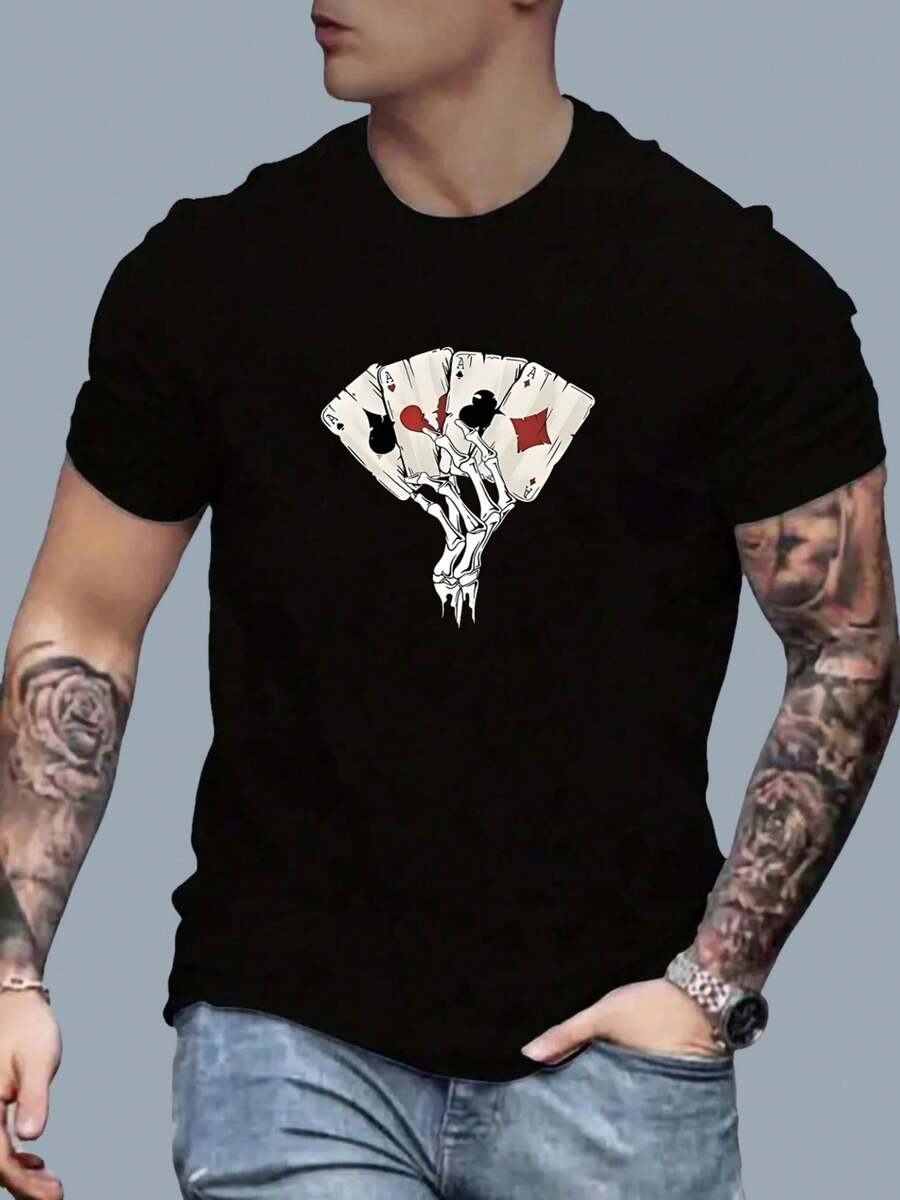 Nueva camiseta de verano para hombres, moda casual, de manga corta, estampada, ligeramente elástica, con cuello redondo acanalado, cómoda y transpirable.