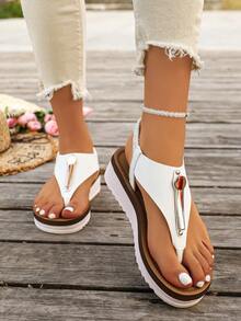 Women's Casual Slip-On Sandals, Solid Color, Comfortable Soft Sole, Versatile Beach Shoes, Summer - White - View 4