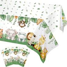 12/4/6 Peças Toalha de Mesa com Tema de Animais da Selva e Zoológico, Design de Leão da Floresta, Toalha de Mesa Descartável e À Prova d'Água para Decoração de Festa de Aniversário, Uso Externo, Pátio, Casa, Festa, Jantar - Verde - Visão 4