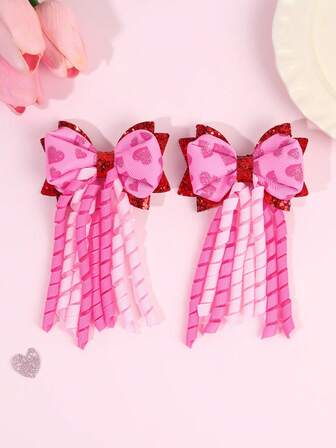 2pcs Valentine's Day Hair Bows For Girls Heart Print Curly Grosgrain Ribbon Bows Hair Clips Sparkly Glitter Bow Barrettes Alligator Clips Elegant Valentine's Hairpins Teens Hair Accessories
