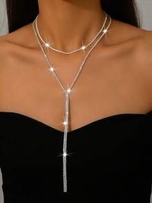 2pcs V-Shaped Necklace - Rhinestone Tassel Layered Style, Copper Material, Suitable For Wedding & Party, Quality Valentine's Day Gift - Multicolor - View 9