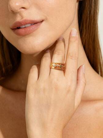 1 pieza Anillo con estrella brillante chapado en oro de alta gama con circonita, adecuado para que las mujeres lo usen a diario, en festivales, fiestas, Ramadán y como un pequeño regalo