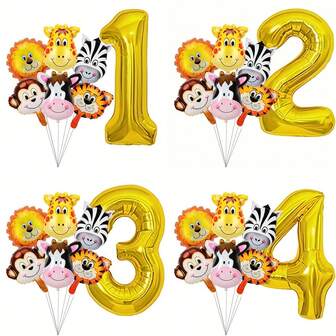7 st. djurnummerballongset, 32-tums siffror 1-9 med djungeldjursballonger, tiger-, lejon-, giraff-, apa- och zebrafolieballonger, lämpliga för födelsedagsfestdekorationer