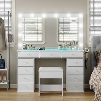 CollaredEagle Vanity Desk With Illuminated Mirror & Power Outlet,Makeup Vanity With 12 USB Power LED Lights, 11 Drawers Vanity Table With Chair, Tempered Glass Top, Dressing Table For Bedroom,Dressing Room