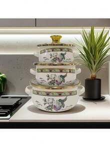 3pcs Enamel Coated Pots With Gold Rim, Enamel Bowls, Household Pots, Mini Pots, Enamel Soup Pots, Ramen Bowls, Small Hot Pot, Thick Enamel Coated Pots, Mini Saucepan, Enamel Coated Pots With Dual Handles For Induction Cooktop And Gas Stove, Enamel Coated Soup Pot, Lard Jar, Milk Pot With Lid, Dual-Use For Induction Cooktop