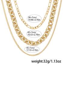 Nooxian 3pcs/Set Multi-Layer Punk Rock Hip-Hop Style Chunky Chain Layering Necklace Set, Fashion Jewelry Gift For Women (Random Number Of Chain Rings) - Yellow Gold - View 6