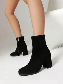 Winter Tall Chunky Heel Retro Rider Boots, Match With Hoodie, Women's Fashion Chunky Heel Ankle Boots With Side Zipper, Pull-On Elastic Ankle Boots - Black - View 4