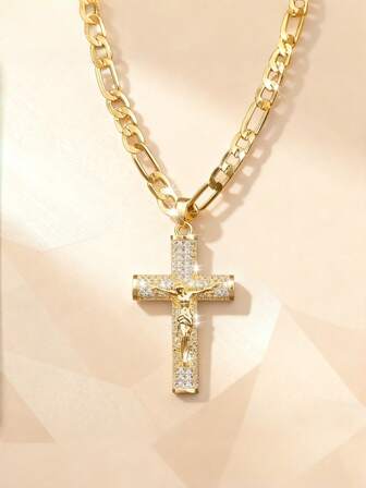 1pc Unisex Luxurious Fully Rhinestone Encrusted Jesus Cross Pendant Necklace, European & American Style Sparkling Cross Necklace Jewelry, Christian Element Necklace Suitable For Men & Women, Valentine's Day Gift