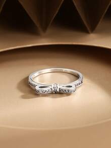 1 Stück S925 Sterling Silber Schleife Cubic Zirkonia vergoldeter Ring, modischer minimalistischer Schmuck als Geschenk für Frauen, Mütter, Freundinnen, Freunde, vielseitig für den täglichen Gebrauch - Silber - Übersicht 4