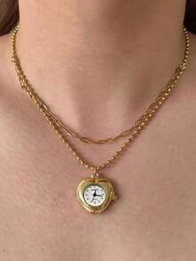 1pc Vintage Style Gold Watch Necklace, Handmade Clock Jewelry, Punk Necklace With Heart Pendant, Suitable For Women's Daily, Vacation, Party Wear, Gift For Loved Ones - Gold - View 5