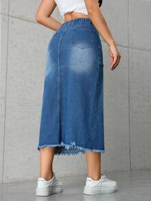 Chân váy denim nữ thời trang thường ngày, cạp chun co giãn, có túi hai bên, phù hợp cho mọi mùa. - Rửa trung bình - Xem 2