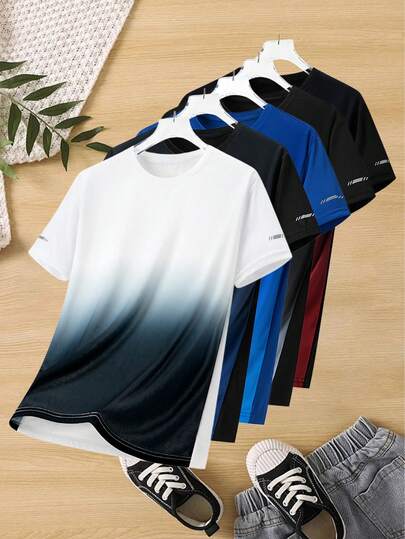 Camiseta de manga corta deportiva de verano transpirable con degradado para hombres, con un patrón impreso único en las mangas, adecuada para correr, deportes de pelota, fitness, ejercicio y diversas ocasiones deportivas