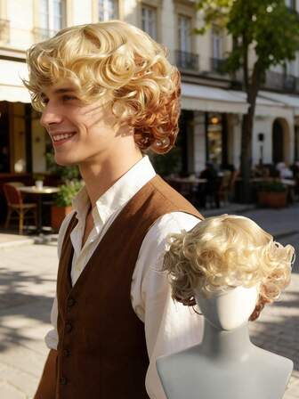 Esta voluminosa peluca rizada dorada, con su silueta desordenada y texturizada, se convierte en la pieza central del disfraz de rockstar retro de los años 70, ideal para convenciones temáticas de música, homenajes a conciertos vintage