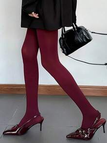 1双女士酒红色连裤袜，弹力塑形不透明紧身裤，适合春秋季穿着，舒适保暖 - 酒紅色 - 查看 5