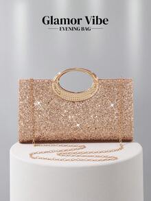 Glittery Women's Evening Clutch Bag, Made Of Glitter Fabric With Metal Hardware Decoration, Metal Chain Strap, Suitable For Wedding, Banquet, Party, Ball, Holiday Gifts, Dress Matching, Valentine's Day, Birthday - Champagne - View 7