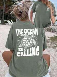 2026 Summer ShirtWomen's Summer New Simple Turtle And Slogan Print Casual Holiday Style Loose Versatile Round Neck Short Sleeve T-Shirt Fashionable Daily Tops Suitable For Daily Vacation WearLoose And Comfortablesummer Tops - 綠色 - 查看 1