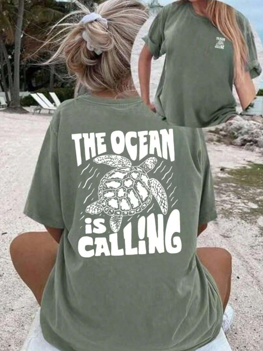 2026 Summer ShirtWomen's Summer New Simple Turtle And Slogan Print Casual Holiday Style Loose Versatile Round Neck Short Sleeve T-Shirt Fashionable Daily Tops Suitable For Daily Vacation WearLoose And Comfortablesummer Tops - 綠色 - 查看 1