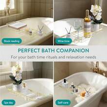 Navaris Bandeja Bañera Dorada - Balda Baño Tamaño Ajustable de 63 a 103 cm - Bandeja para Bañera para Champú Gel Accesorios - Bandeja Baño de Rejilla Color Oro - Baldas Baño - Aire - Ver 5