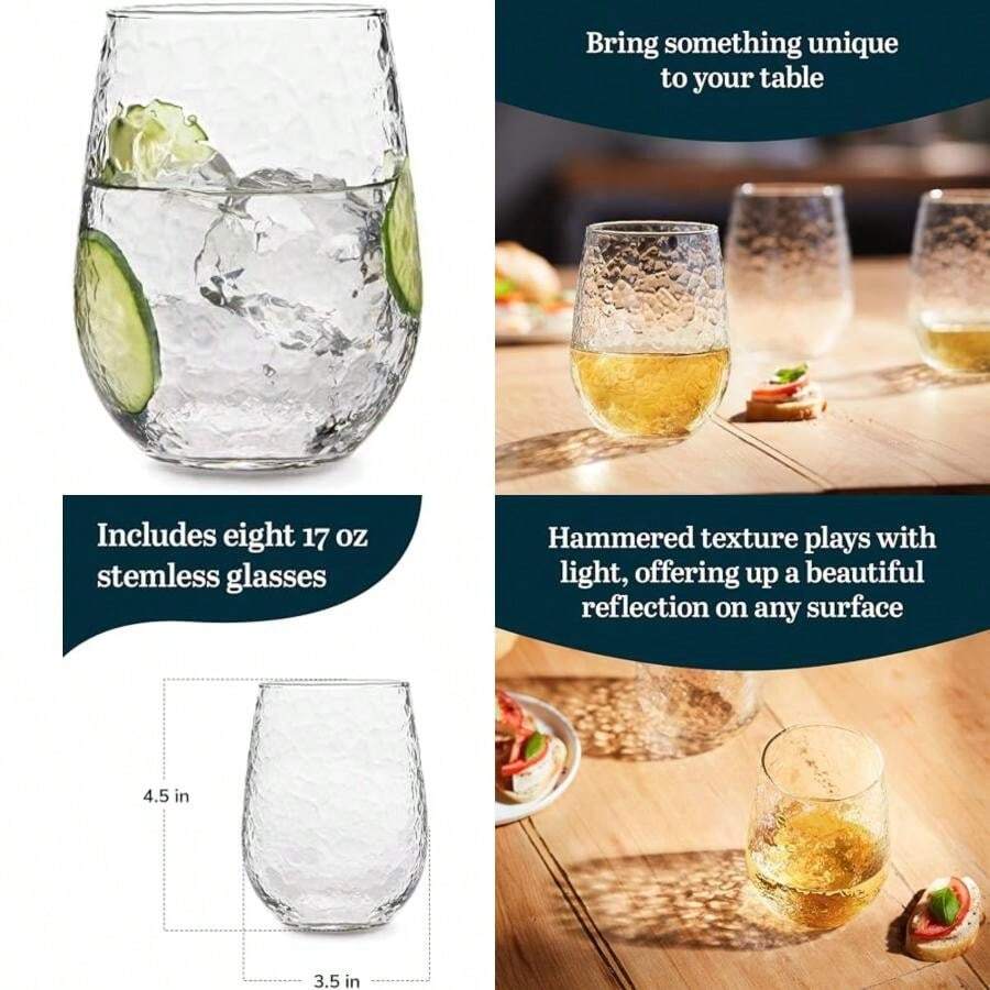 Libbey Juego de 8 Vasos para vino de vidrio Hammered Base, 524 ml(Martillado completo) - Multicolor - Ver 1