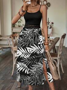Ladies' Plant Printed Backless Waist Hollow Slit To Thigh Camisole Dress (Random Pattern) - Black and White - View 4