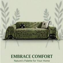 High-Quality Chenille Cotton Blend Sofa Cover - Soft & Fluffy Sofa Protector With Green Natural Plant Pattern