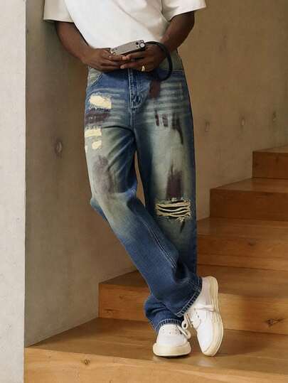 Jeans para hombre con rodillas rasgadas, desgastados y con salpicaduras de pintura, de moda y versátiles para uso casual