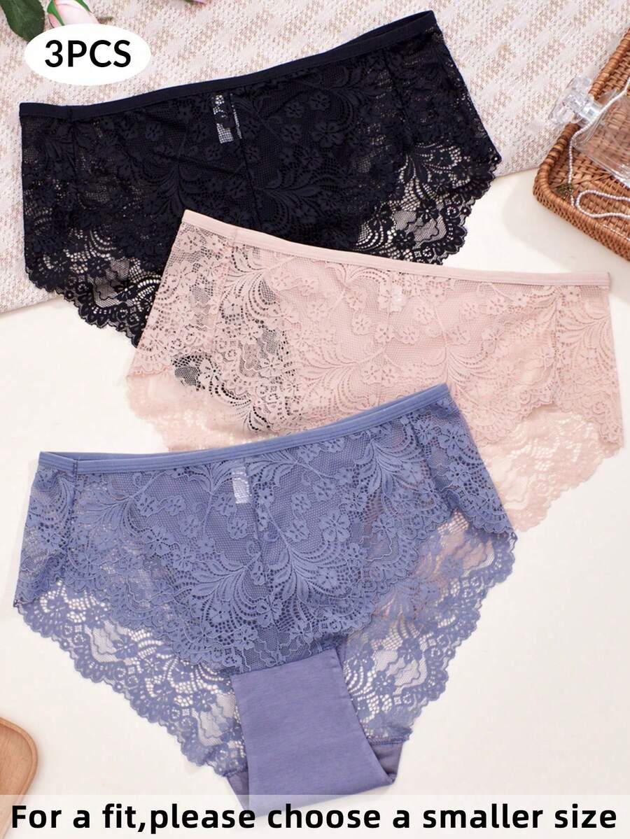 APRSEA 3pcs Women's Lace Panties, Minimalist & Comfortable, High-Waist Briefs - Multicolor - View 1