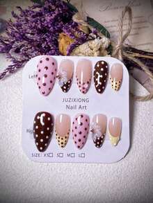 10pcs Handmade Almond Powder, Brown, Caramel, Polka Dot, Yellow French Acrylic Nail Tips, Cute Minimalist Elegant Design Nails Nail Supplies - Multicolor - View 5