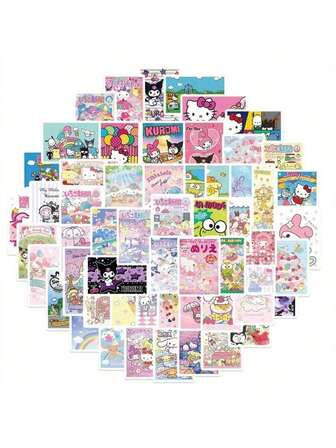 Sanrio 62张三丽鸥卡通人物贴纸，包括酷洛米、Hello Kitty、美乐蒂、布丁狗、肉桂狗等。适用于标签、偶像游戏贴纸、DIY礼品封口装饰、趣味礼物、DIY标签、封口贴纸、礼品包装、节日及日常贴纸、涂鸦贴纸、文具装饰、家居墙面装饰。剪贴簿用品。