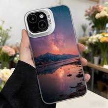 Cubierta de teléfono con diseño de montaña y lago al atardecer color morado y rosa con texto CASENO para uso diario y ocasiones especiales,Aplicable a los teléfonos de la serie Apple y Galaxy - Negro - Ver 3