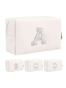 1个女士八角形化妆包，PU字母化妆包，便携式雪尼尔字母拉链化妆包，字母贴片PU皮革防水旅行洗漱包，字母组合化妆包（A~Z），拉链洗漱收纳包，沙滩包，度假收纳包，旅行必备收纳包，耐用便携式化妆包，行李整理包，母亲节礼物，时尚耐用 - 白色+珍珠字母 A-Z - 查看 6