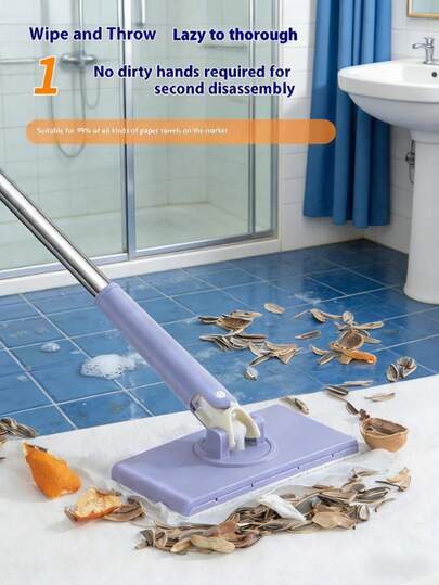 Zmontowany mop Lazy Butterfly, do użytku na mokro i na sucho, czyszczenie bez użycia rąk, regulowane narzędzie do usuwania kurzu i czyszczenia, odpowiedni do wielu powierzchni, w tym wanien, płytek, podłóg, ścian i szkła.