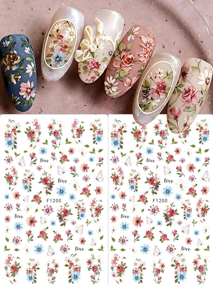 2片复古玫瑰花蝴蝶美甲贴纸 奢华宫廷风春日花卉叶子爱情婚礼滑扣美甲饰品 夏季美甲用品 美甲设计装饰配件 美甲贴纸 - 彩色 - 查看 1
