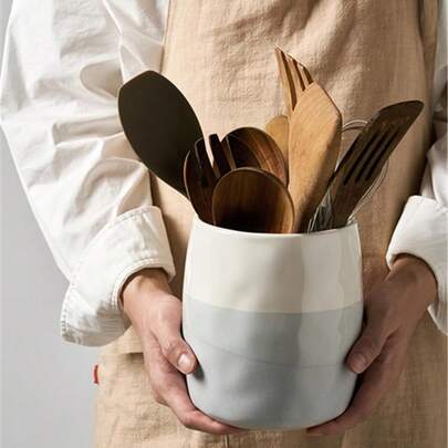 Tarro de almacenamiento de cerámica personalizado, soporte para utensilios de cocina, soporte de cerámica para utensilios para espátulas, cuchillos y tenedores, canister de cerámica, tarro de almacenamiento de cubiertos, balde de almacenamiento, soporte para palillos, almacenamiento para el hogar, maceta, regalo exquisito, gran soporte de cerámica para utensilios de mesa con alfombrilla protectora de corcho suave