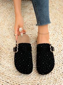 Dép lê nữ thời trang đính pha lê, dép bít mũi hình trái tim có khóa cài, đế dày, dép đi trong nhà hàng ngày, đế mềm nhẹ, thích hợp đi làm, đi biển, mùa xuân/hè. - màu đen - Xem 5