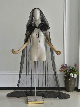 1 st mystisk enfärgad svart skir kappa med huva, lämplig för fest/bal/kväll/uppträdande/showkostym, trollkarlsrock